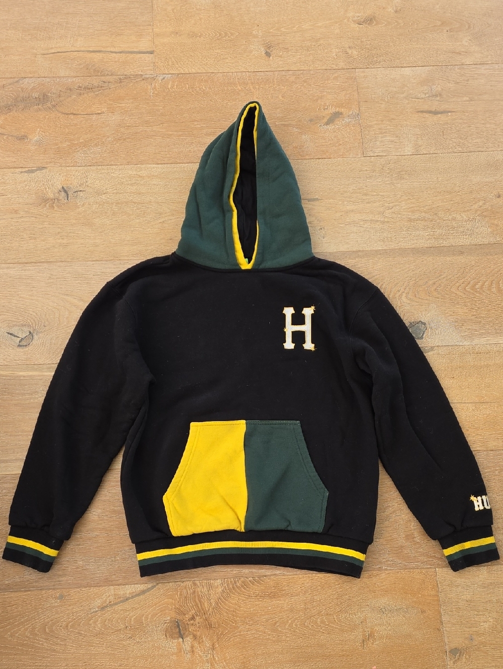 HUF Black Hoodie with Green and Yellow Accents. Men's Large